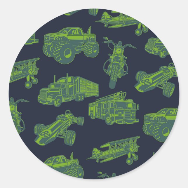On the Go Blue & Green Moving Vehicles Cars Boys Classic Round Sticker (Front)