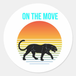 On the Move – Panther Walking Under a Retro Sunset Classic Round Sticker