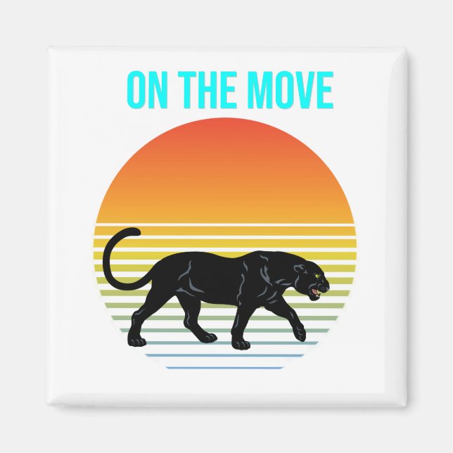 On the Move – Panther Walking Under a Retro Sunset Magnet (Front)