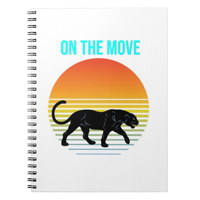 On the Move – Panther Walking Under a Retro Sunset Notebook (Front)