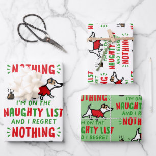 On the Naughty List and I Regret Nothing Funny Dog Wrapping Paper Sheet