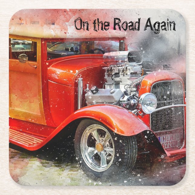 On the Road Again Drag Car Square Paper Coaster (Front)