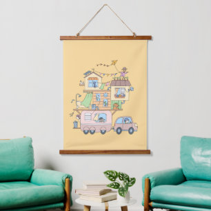 On the Road Family Camping Trailer on Yellow Hanging Tapestry