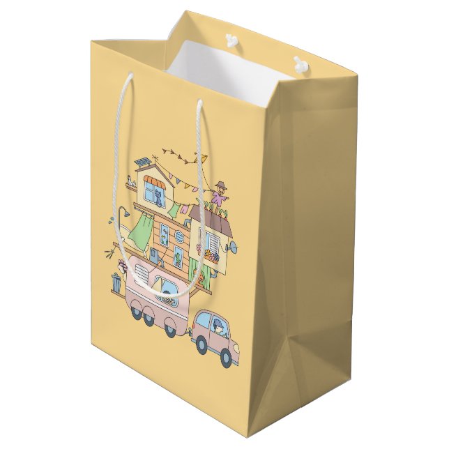 On the Road Family Camping Trailer on Yellow Medium Gift Bag (Back Angled)