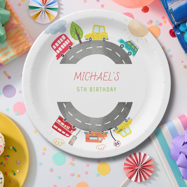 On the road happy vehicles boy birthday paper plate (Creator Uploaded)