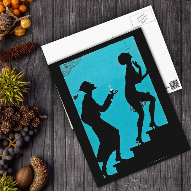 On The Spooky Steps Postcard (Spooky couple in black silhouette on stairs with candle spiders on deep aqua and black postcard.)