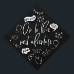 On To The Next Adventure Quirky Icon Black Graduation Cap Topper<br><div class="desc">Perfect graduation cap for the graduate! Celebrate their accomplishment in style with this graduation cap topper with hand drawn quirky illustrations. It says "on to the next adventure" in a fun hand written script text against a black background. Personalize this product by adding their name and school name.</div>