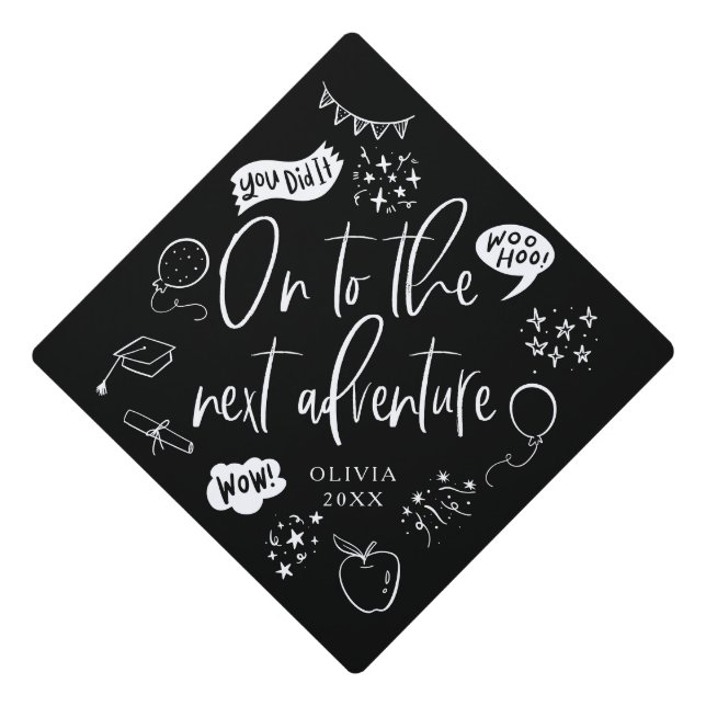 On To The Next Adventure Quirky Icon Black Graduation Cap Topper (Front)