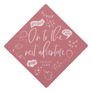 On To The Next Adventure Quirky Icon Blush Pink Graduation Cap Topper