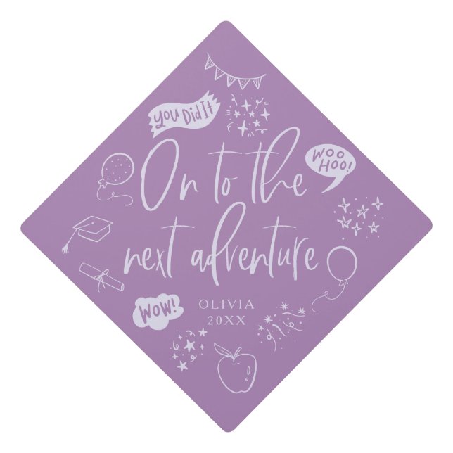 On To The Next Adventure Quirky Icon Purple Graduation Cap Topper (Front)