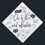 On To The Next Adventure Quirky Icon White Graduation Cap Topper<br><div class="desc">Perfect graduation cap for the graduate! Celebrate their accomplishment in style with this graduation cap topper with hand drawn quirky illustrations. It says "on to the next adventure" in a fun hand written script text against a white background. Personalize this product by adding their name and school name.</div>