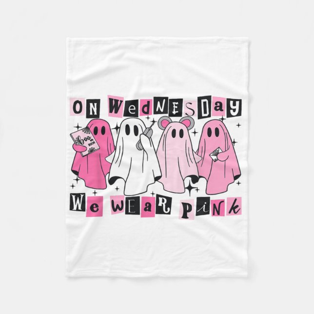 On Wednesday We Wear Cute Pink Ghost Halloween  Fleece Blanket (Front)