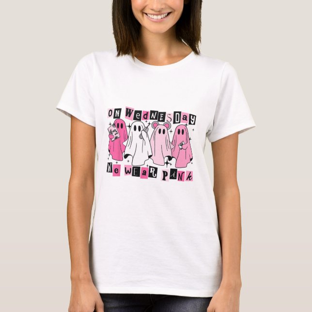 On Wednesday We Wear Cute Pink Ghost Halloween  T-Shirt (Front)