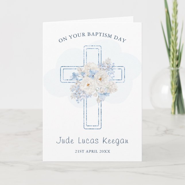 On Your Baptism Blue Floral Cross Card (Front)