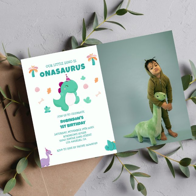 Onasaurus Little Dinosaur 1st Birthday Photo Invitation (Creator Uploaded)