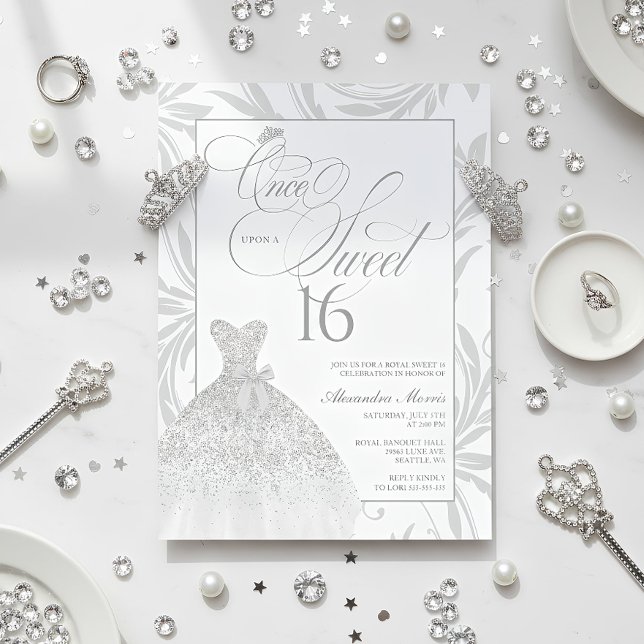 Once Upon a Sweet 16 Silver Princess Birthday Invitation (Elegant Silver Princess Sweet 16 Birthday Invitation)