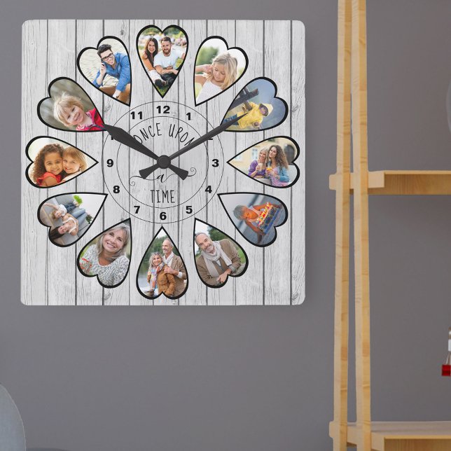 Once Upon a Time 12 Heart Shaped Photo Grey Wood Square Wall Clock (Photo clock with 12 heart shaped photos. Unusual design for your home and a thoughtful photo gift.)