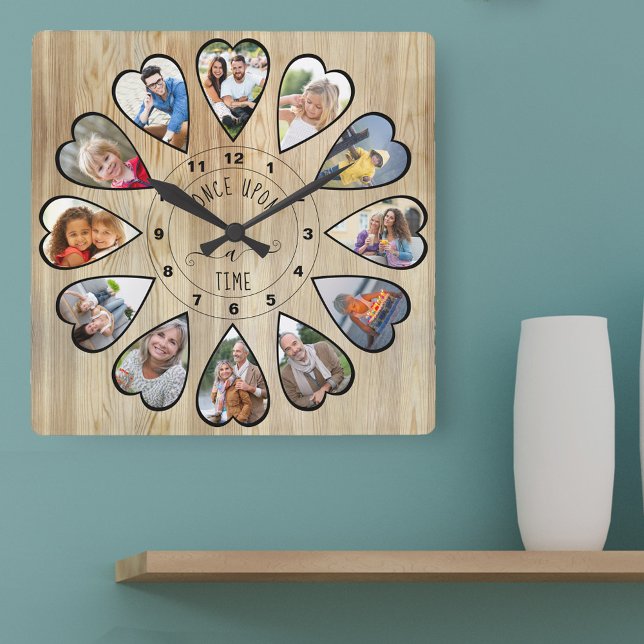 Once Upon a Time 12 Heart Shaped Photos Pine Square Wall Clock (Photo clock with 12 heart shaped photos. Unusual design for your home and a thoughtful photo gift.)