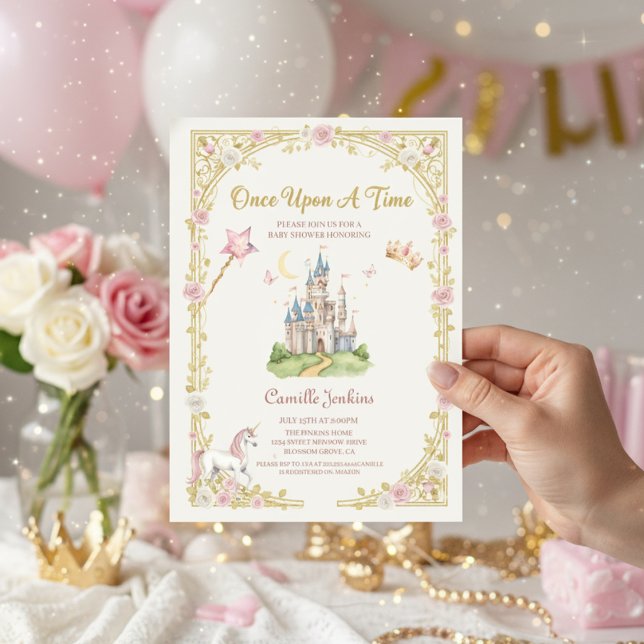 once upon a time fairytale frame gold baby shower invitation (Creator Uploaded)