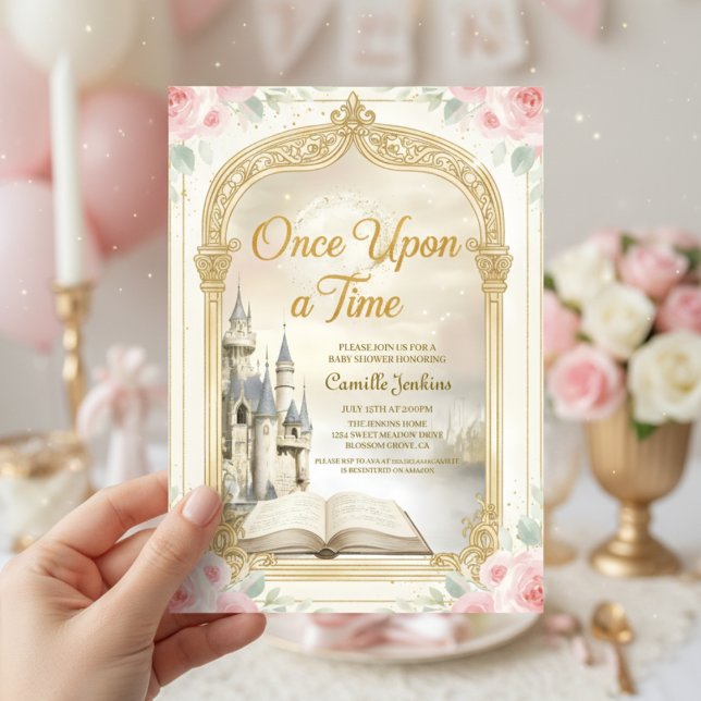 once upon a time fairytale frame gold baby shower invitation (Creator Uploaded)