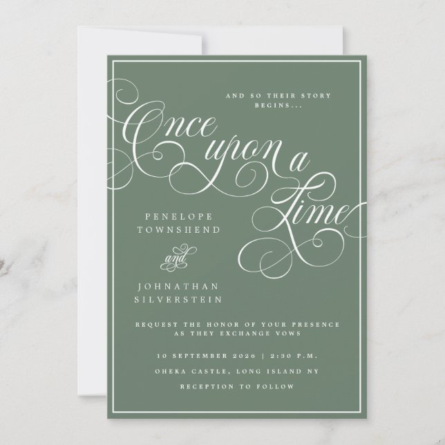 Once Upon a Time Flourish Script Green Wedding Invitation (Front)