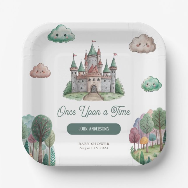 Once Upon a Time Green Castle Pastel Baby Shower Paper Plate (Front)