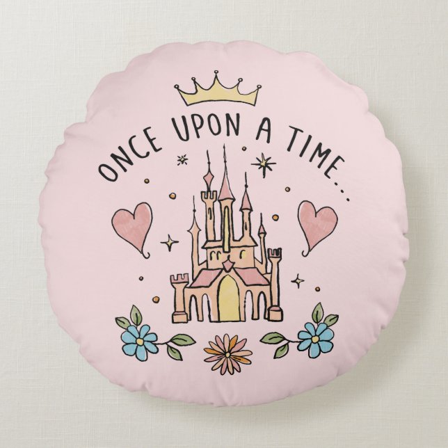 "Once Upon A Time" Hand Drawn Princess Castle Round Pillow (Front)