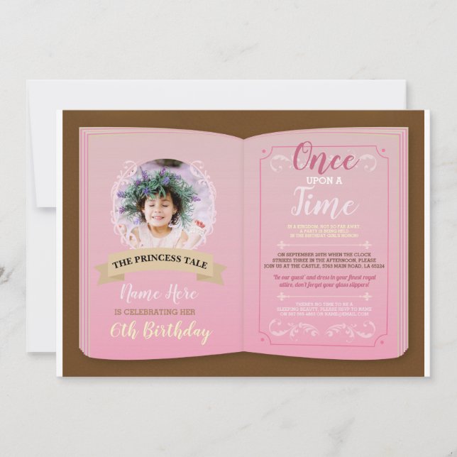 Once Upon A Time Photo Birthday Pink Story Book Invitation (Front)