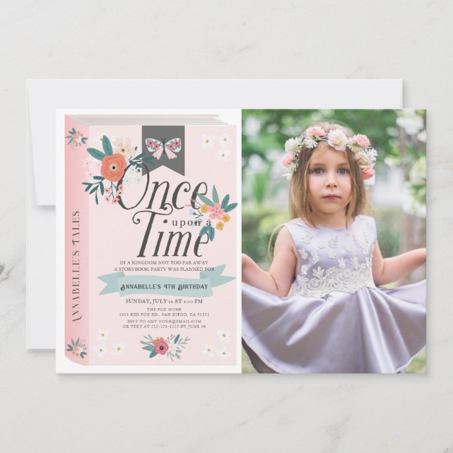 Once Upon a Time Pink Floral Photo Birthday Invitation (Front)