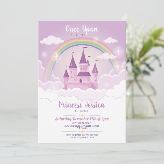 Once Upon a Time Princess Birthday Castle Purple Invitation (Standing Front)