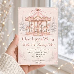 Once Upon a Winter Pink Carousel Birthday Invitation