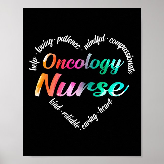 Oncology Nurse Heart Word Cloud Watercolor Rainbow Poster (Front)