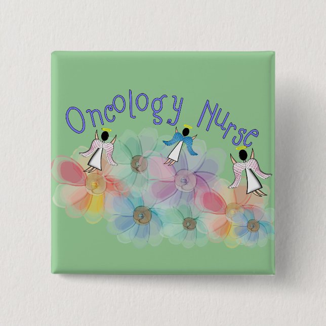 Oncology Nurse Whispy Angels & Flowers Design 2 Inch Square Button (Front)