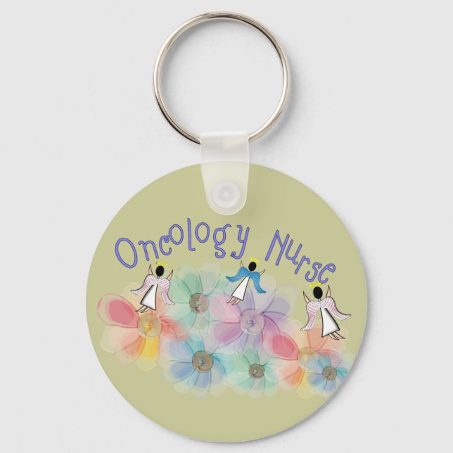 Oncology Nurse Whispy Angels & Flowers Design Keychain (Front)