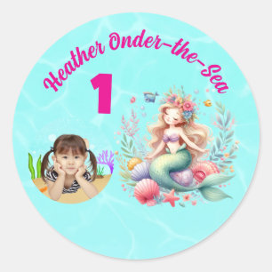 Onder-the-Sea Magical Mermaid Photo 1st Birthday Classic Round Sticker