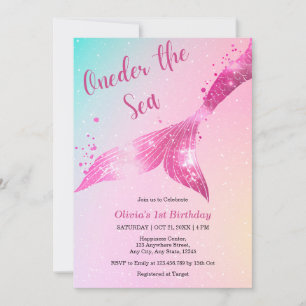 Onder the Sea Mermaid Baby Girl 1st Birthday Invitation