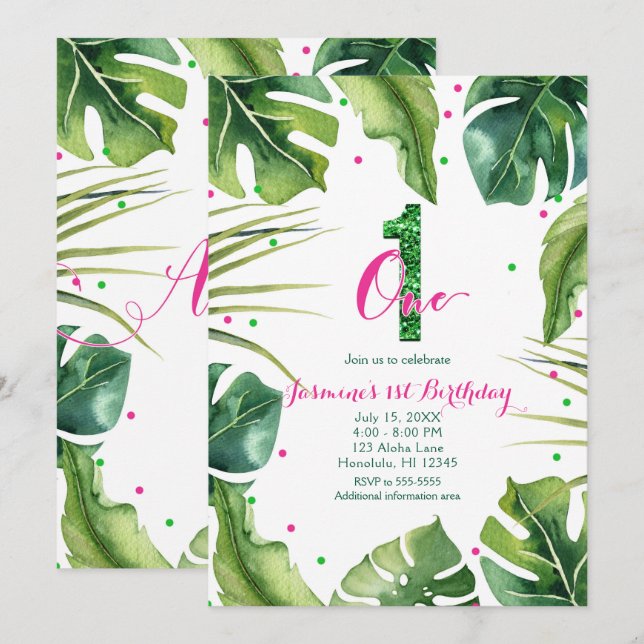 ONE 1 1st Birthday Tropical Leaves Pink Green Invitation (Front/Back)