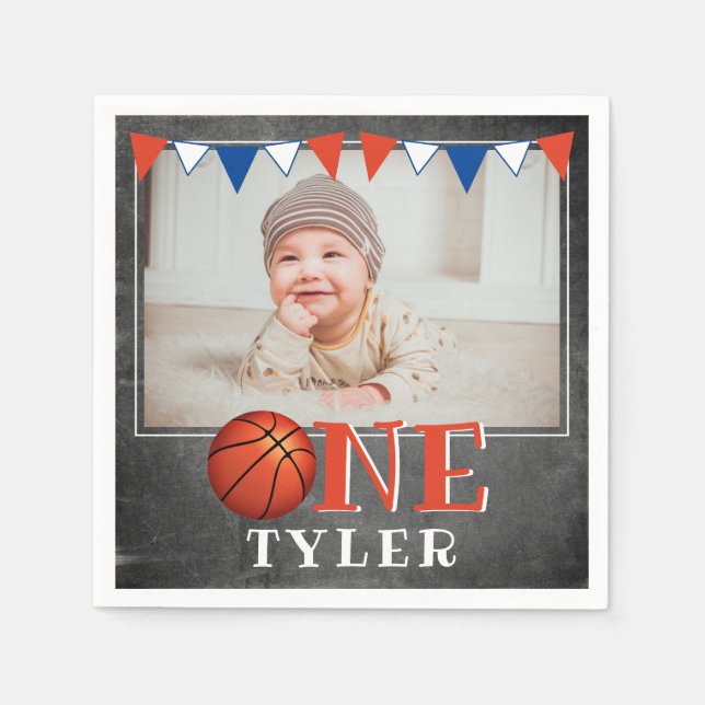 ONE 1st Birthday Basketball Ball Napkin (Front)