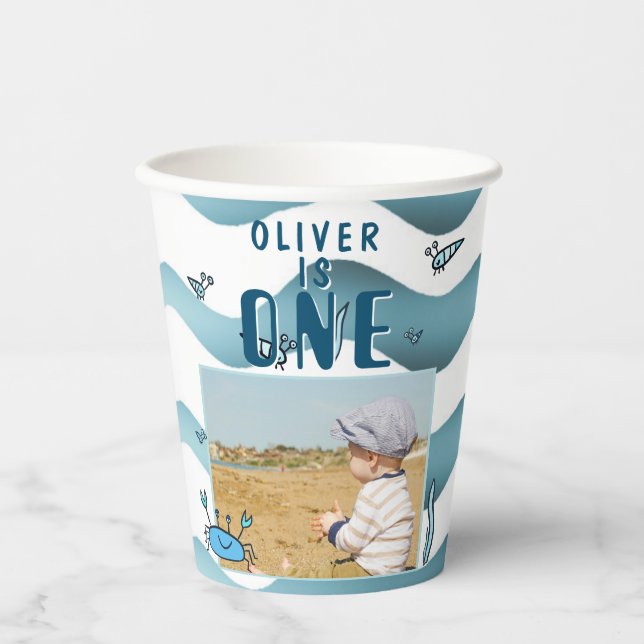 One 1st Birthday Crab Sea Animals Boy Photo  Paper Cups (Front)