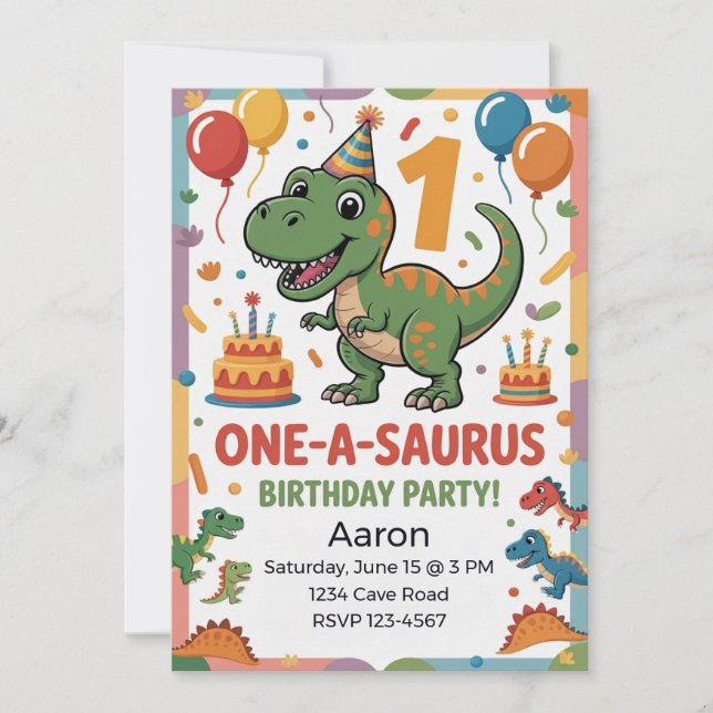 One-A-Saurus 1st Birthday | Green Dinosaur Invitation (Front)