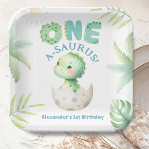 One A-Saurus Cute Dino Boy Dinosaur 1st Birthday Paper Plate