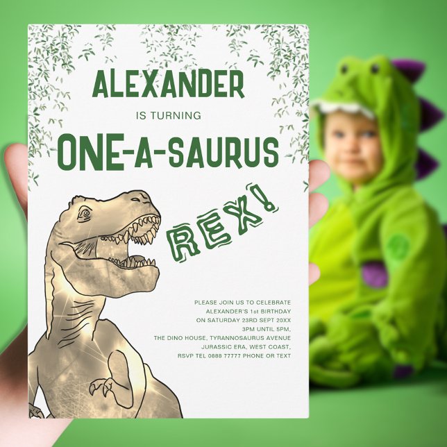 One-A-Saurus Dinosaur 1st Birthday Party Invitation (One-a-saurus 1st dinosaur birthday party invitation with T-Rex and Jurassic jungle foliage)