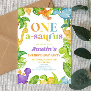 One A-Saurus Dinosaur 1st First Birthday Party Invitation
