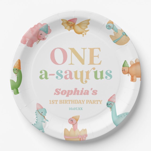 One A-Saurus Dinosaur 1st First Birthday Party Paper Plate (Front)
