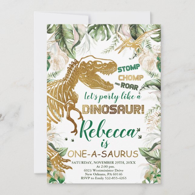 One-a-saurus Dinosaur Birthday, Dino T-Rex Invitation (Front)