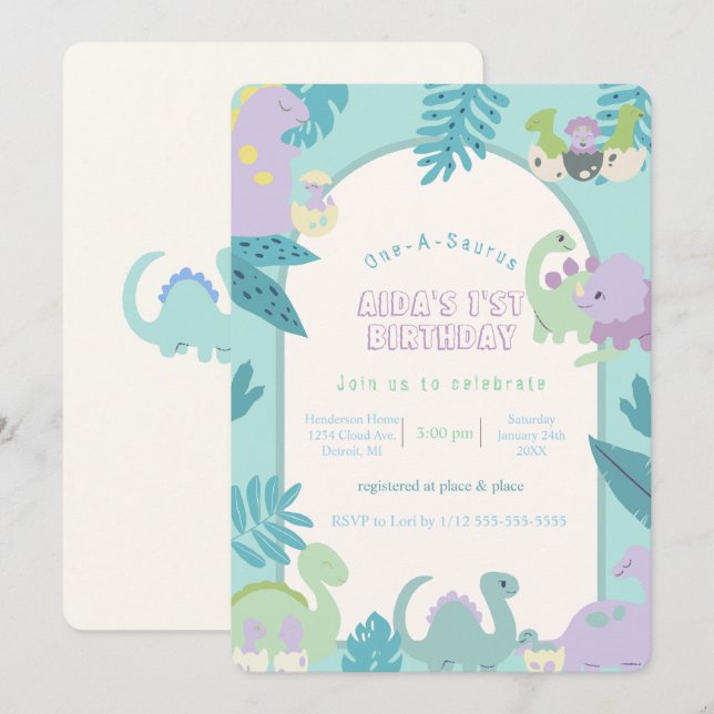 One-A-Saurus dinosaur birthday invitation (Front/Back)