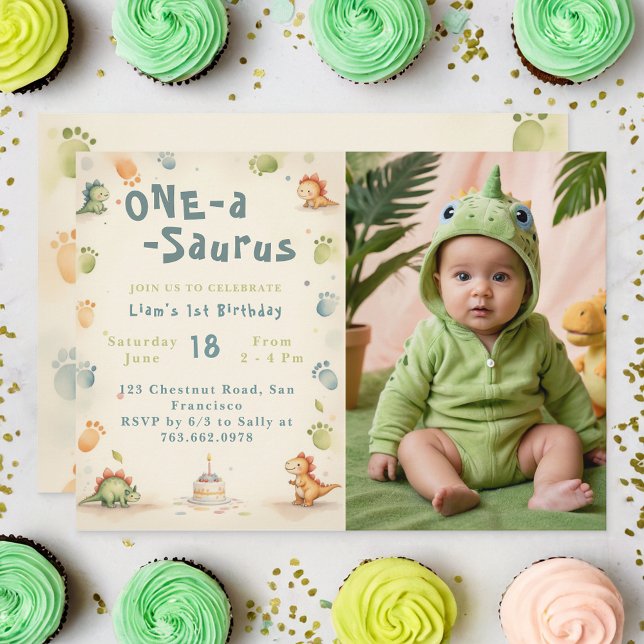 One a Saurus Dinosaur Boy 1st First Birthday Photo Invitation (Creator Uploaded)