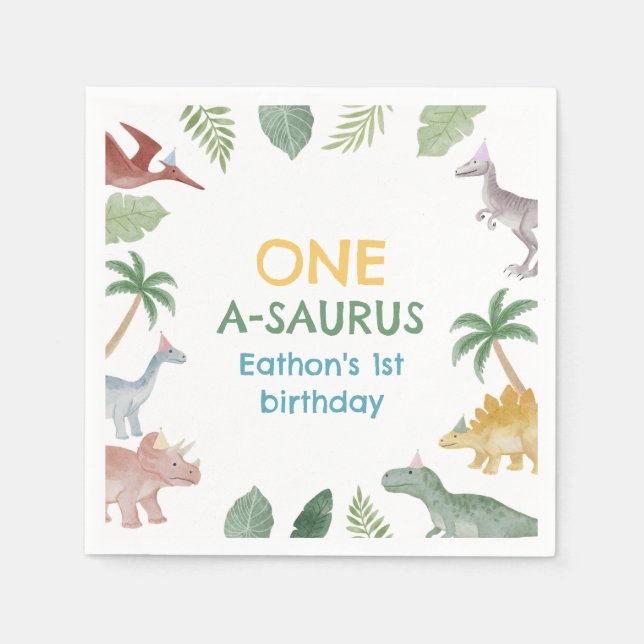 One A Saurus Dinosaur Boy Birthday Party Napkins (Front)