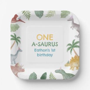 One A Saurus Dinosaur Boy Birthday Square  Paper Plate