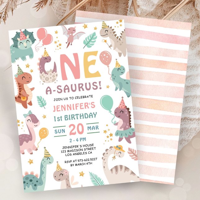 One A Saurus Dinosaur Girl 1st Birthday Invitation (Creator Uploaded)